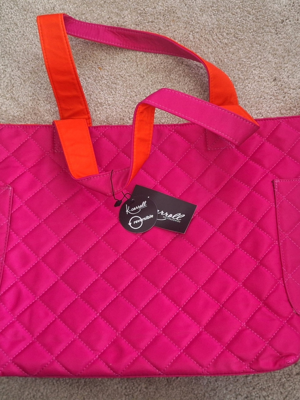 K Carroll Reversible Quilted Tote Bag - Pink with Orange